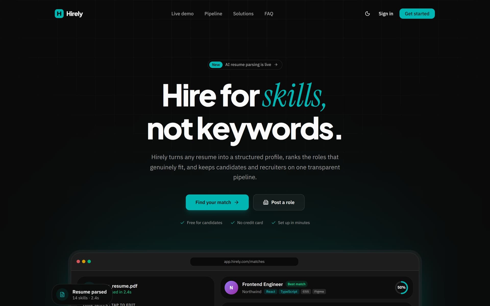 Hirely landing page: “Hire for skills, not keywords”, above a resume-matching preview