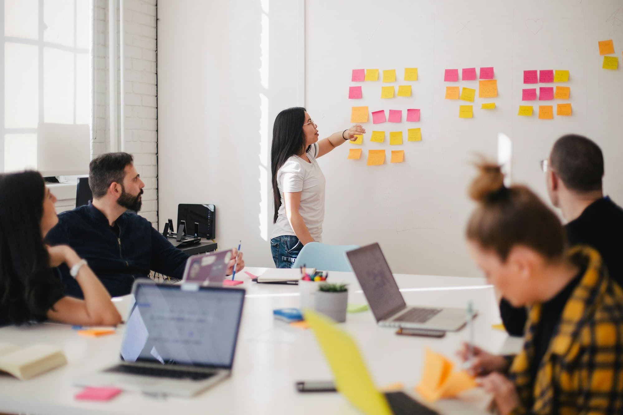 Team planning work with sticky notes on a whiteboard